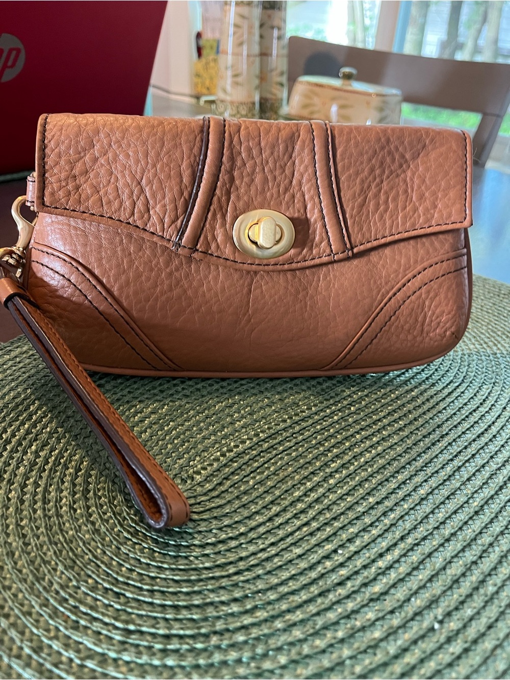 Talbots Pebbled Leather Brown Gold Hardware Turnlock Wristlet